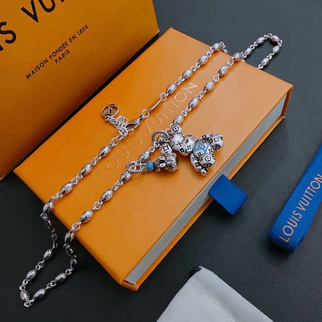 Louis Vuitton Silver Beaded Necklace with Bear Charm